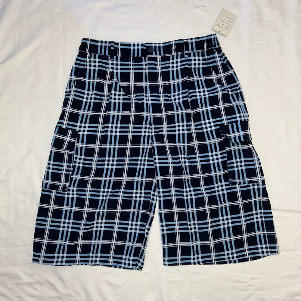 Men’s RÊVE JEANS Navy Plaid Cargo Shorts 3XL NWT 5 Pocket Velcro Utility Style